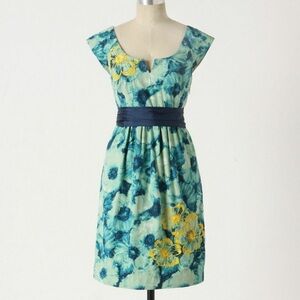 Anthropologie Floreat Blue Floral Knotted Poppies Belt Waist Short Sleeve Dress